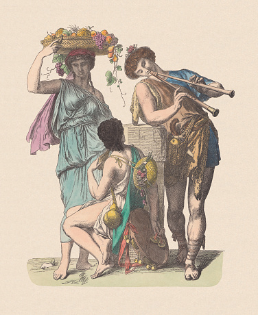 Ancient greek fashion: country dweller, pre-Christian time. Hand colored wood engraving, published c. 1880.