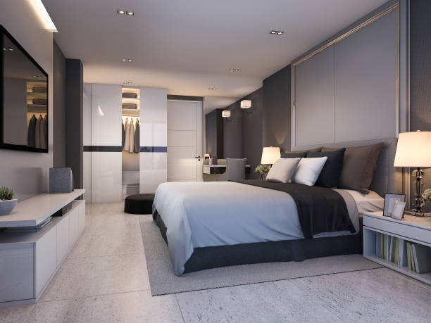 istock 3d rendering modern luxury bedroom suite at night with cozy design 914552468