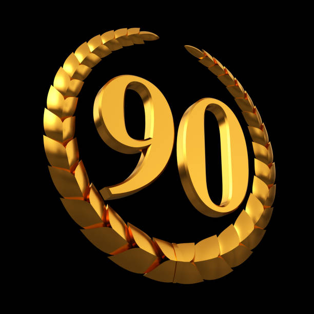 istock Anniversary Golden Laurel Wreath And Numeral 90 On Black Background 914559652