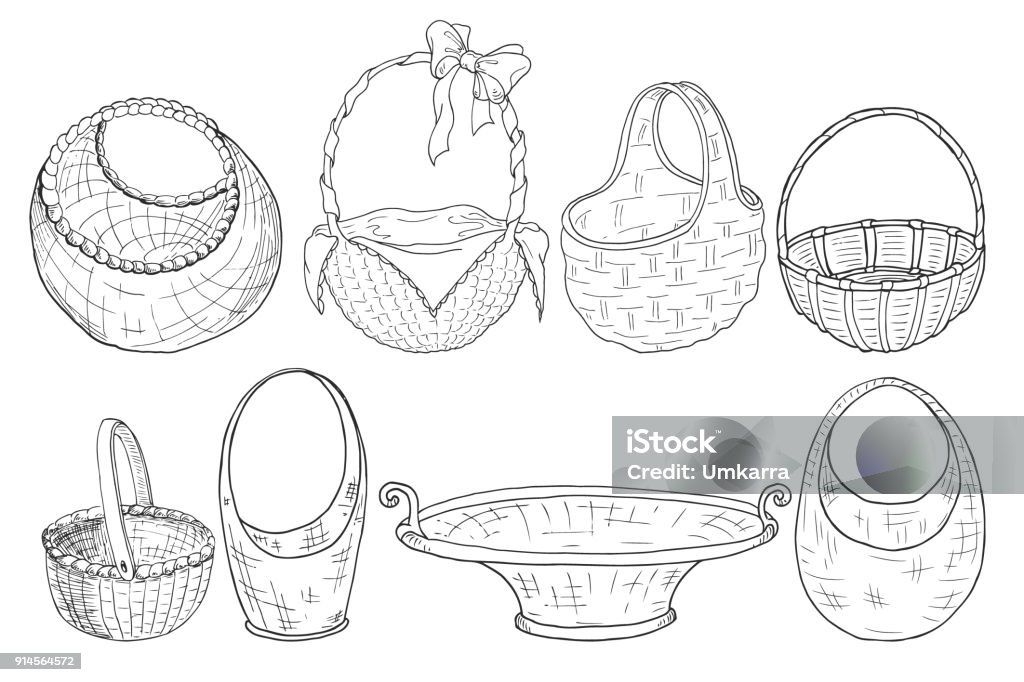 set of wicker baskets. Figure a liner. Hand drawing. Vector Basket stock vector