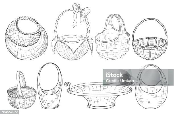 Set Of Wicker Baskets Figure A Liner Hand Drawing Vector Stock Illustration - Download Image Now