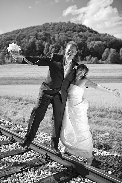 istock Bridal couple has fun, bw 91456657