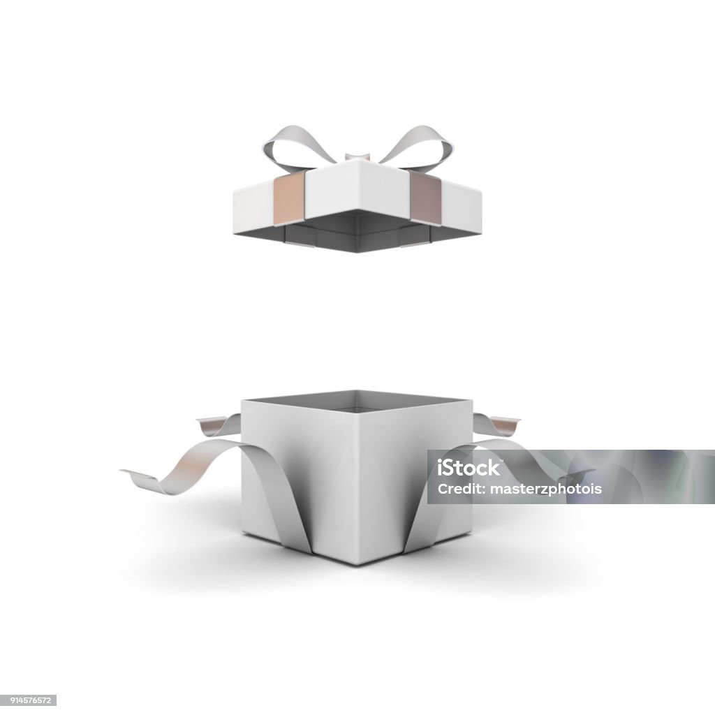 Open gift box , present box with silver ribbon and bow isolated on white background with shadow Open gift box , present box with silver ribbon and bow isolated on white background with shadow . 3D rendering. Gift Box Stock Photo