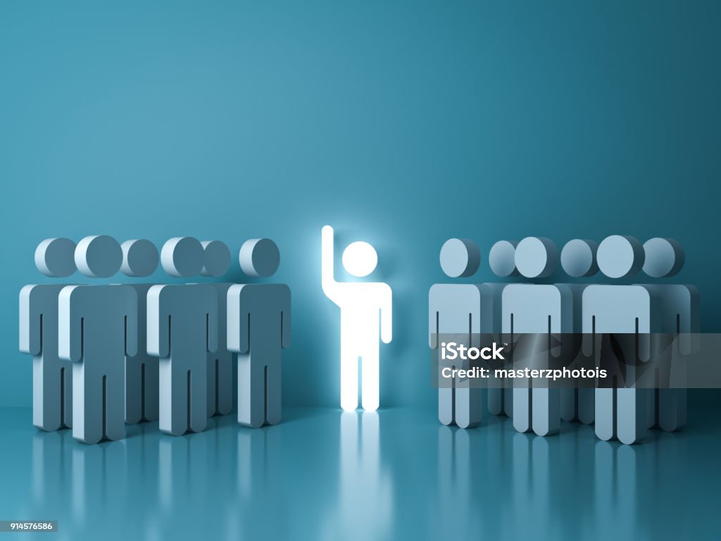 Stand out from the crowd and different concept , One glowing light man raising his hand among other people on light green pastel color background with reflections and shadows Stand out from the crowd and different concept , One glowing light man raising his hand among other people on light green pastel color background with reflections and shadows . 3D rendering. Leadership Stock Photo