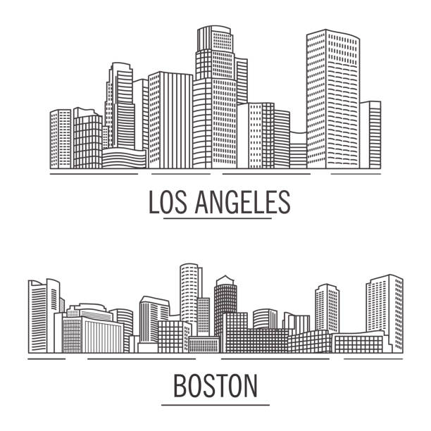 stadt stadtlandschaft amerikanische wolkenkratzer und hochhäuser im flachen stil ein vector.hand gezeichnet. landschaft der stadt boston, massachusetts, - boston urban scene skyline skyscraper stock-grafiken, -clipart, -cartoons und -symbole