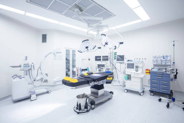 Modern hospital operating room with monitors and equipment stock photo