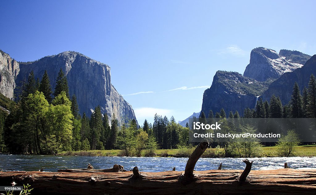 View into Yosemite Valley from Merced River  Backgrounds Stock Photo