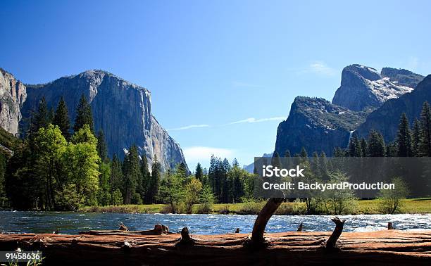 View Into Yosemite Valley From Merced River Stock Photo - Download Image Now - Backgrounds, Beauty In Nature, Blue