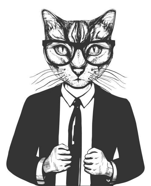 ilustraciones, imágenes clip art, dibujos animados e iconos de stock de gato de traje y gafas - smoking man