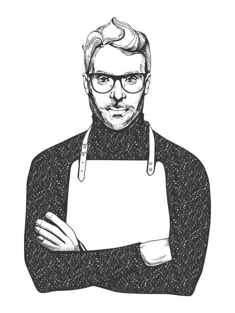 Man in glasses and apron Vector illustration of ink drawn man in glasses and apron. Close-up portrait of a chef or woodworker in hand-drawn vintage style. portrait drawings stock illustrations