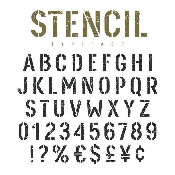 Stencil font 002 Stencil alphabet with grunge texture effect. Rough imprint stencil-plate font in military style. Vectors sans font stock illustrations