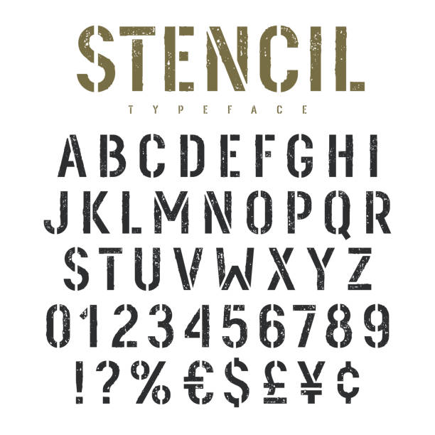 Stencil font 002 Stencil alphabet with grunge texture effect. Rough imprint stencil-plate font in military style. Vectors stencil stock illustrations