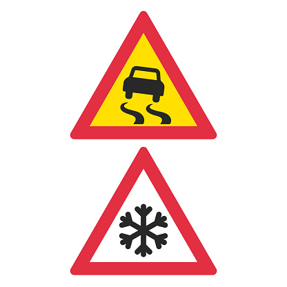 Slippery road warning sign with skidding car on yellow background.