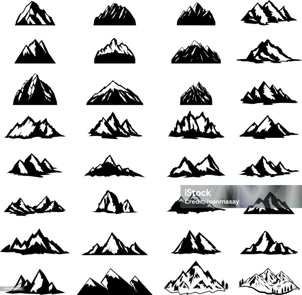 Grande set di icone di montagna isolate su sfondo bianco. Elementi di design per etichetta, emblema, segno. - arte vettoriale royalty-free di Montagna