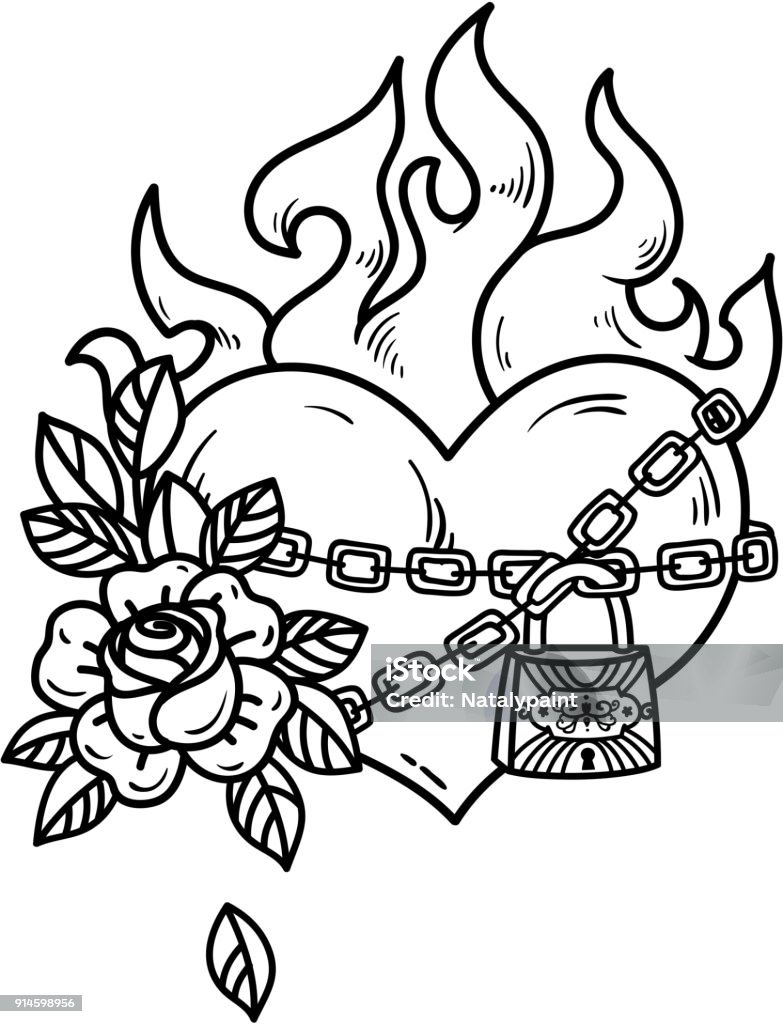 Tattoo Burning Heart With Roses Tattoo Heart In Fetters Of Love On White  Background Black And White Illustration Stock Illustration - Download Image  Now - iStock
