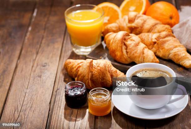 Breakfast With Cup Of Coffee And Croissants Stock Photo - Download Image Now - Breakfast, Coffee - Drink, Croissant