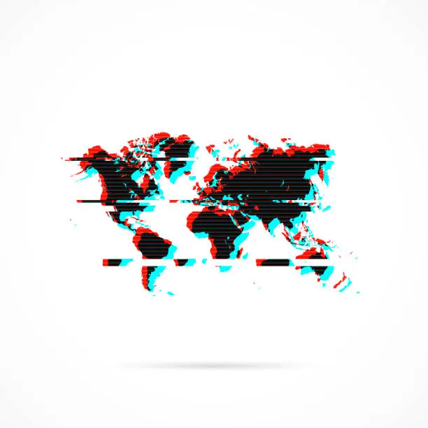 Vector illustration of World map in distorted glitch style. Modern trendy effect