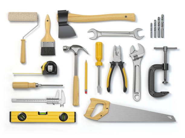 istock Set of tools isolated on white background. Hammer, screwdriver, brush, spanner pliers, measure tape. 914608908