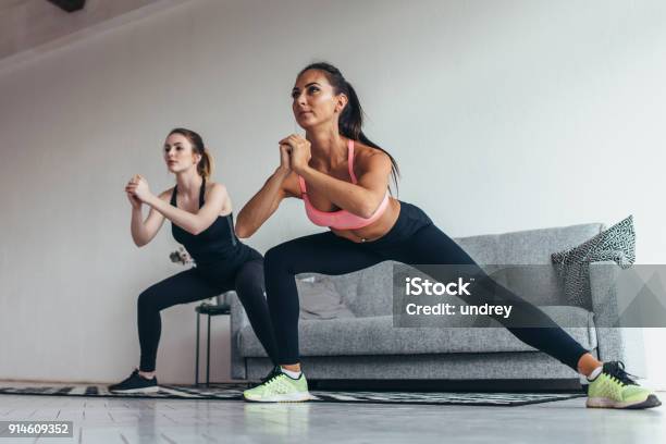 Two Fit Girls Doing Home Workout Performing Lateral Lunges At Home Stock Photo - Download Image Now