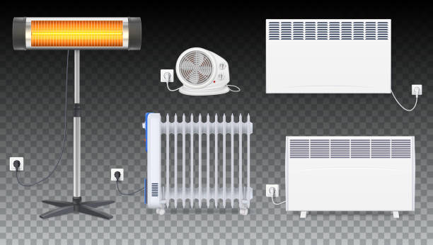 Electric oil radiator, heater with fan, panel of radiator, quartz halogen heater with the glowing lamp. Appliances for space heating in the interior of room. Set icons of on transparent background Electric oil radiator, heater with fan, panel of radiator, quartz halogen heater with the glowing lamp. Appliances for space heating in the interior of room. Set icons of on transparent background. space heater stock illustrations