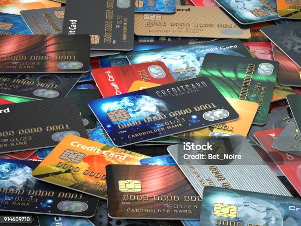 Pile Of Colored Credit Cards Background Stock Photo - Download Image Now - Credit Card, Stack, Financial Loan