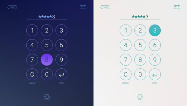 ilustraciones, imágenes clip art, dibujos animados e iconos de stock de interfaz de contraseña de bloqueo de pantalla, inicio de sesión o entrar en páginas de contraseña. aplicación de teclado numérico digital, kit de interfaz de usuario, interfaz móvil. concepto de diseño de interfaz de usuario, las variantes claras y oscuras - number key