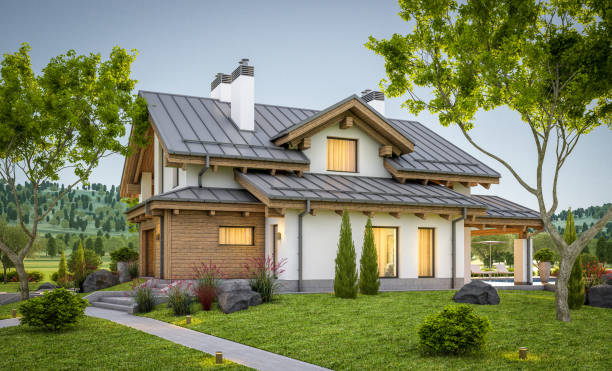 istock 3d rendering of modern cozy house in chalet style 914611190