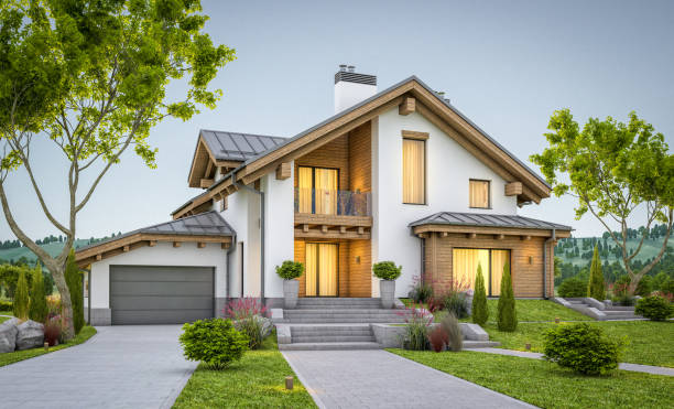 istock 3d rendering of modern cozy house in chalet style 914611328