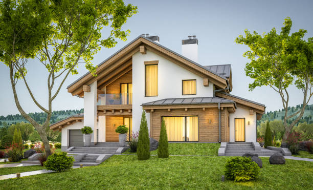 istock 3d rendering of modern cozy house in chalet style 914612034