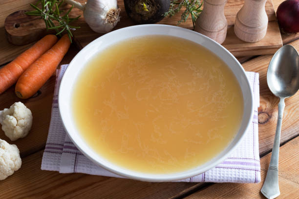 istock Bone broth made from chicken on a wooden table 914612128