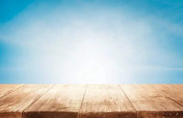 Wood Table Top Background, Empty Wooden Desk over Blue Sky Scene, Old Tables Planks Shelf