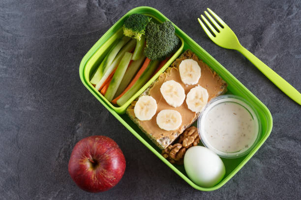 Healthy protein and veg diet snack box for lunch stock photo