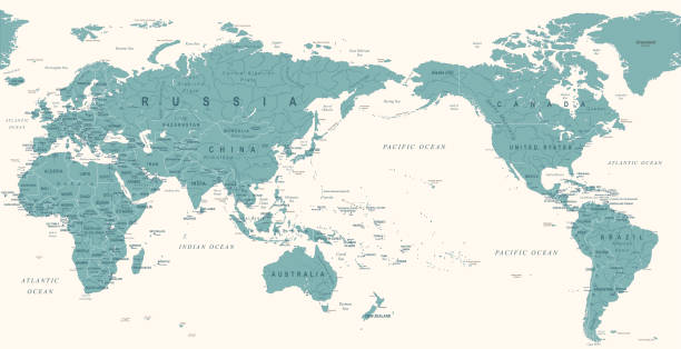 ilustraciones, imágenes clip art, dibujos animados e iconos de stock de mapa de vintage mundo político pacífico centrado en - en el centro