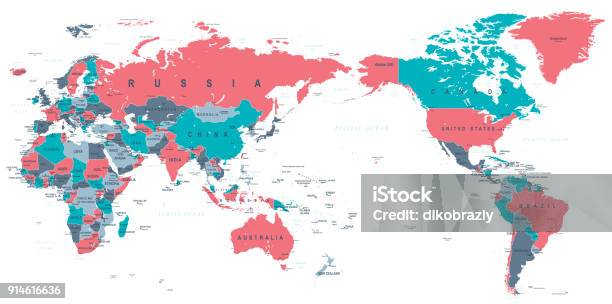Political World Map Pacific Centered Stock Illustration - Download Image Now - In The Center, Japan, World Map