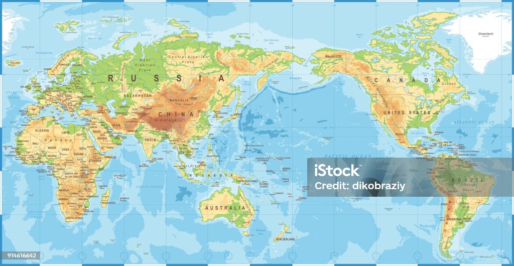 Political Physical Topographic Colored World Map Pacific Centered Political Physical Topographic Colored World Map Pacific Centered- vector World Map stock vector