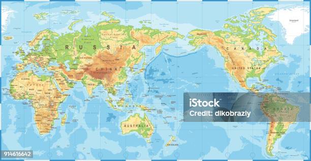 Political Physical Topographic Colored World Map Pacific Centered Stock Illustration - Download Image Now