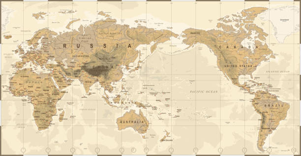 ilustraciones, imágenes clip art, dibujos animados e iconos de stock de mundo topográfico físico político vintage mapa pacífico centrado en - mapa de husos horarios