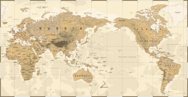 빈티지 정치 실제 지형 세계 지도 태평양 중심 - map world map globe old stock illustrations