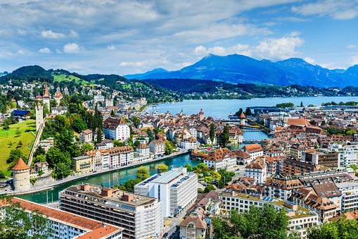 Lucerne, Switzerland. View from above of Lucerne city center and lake.