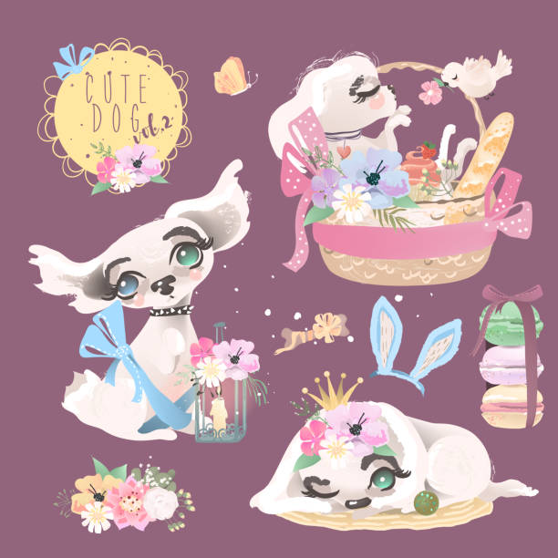 ilustraciones, imágenes clip art, dibujos animados e iconos de stock de lindo perrito, cachorro, colección, conjunto. adorable niña princesa perrito con flores, guirnalda floral, cesta romántica, pájaro, macarrones, mariposa, orejas de conejo, arcos atados y linterna caprichosa - dog baby t shirt child