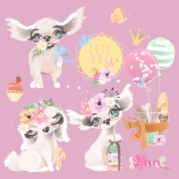 illustrazioni stock, clip art, cartoni animati e icone di tendenza di simpatico cagnolino, cucciolo, collezione, set. adorabile cagnolino principessa con fiori, corona floreale, amaretti, cesto con ossa e fiocchi e palloncini legati, cupcake, farfalla e corona - dog baby t shirt child