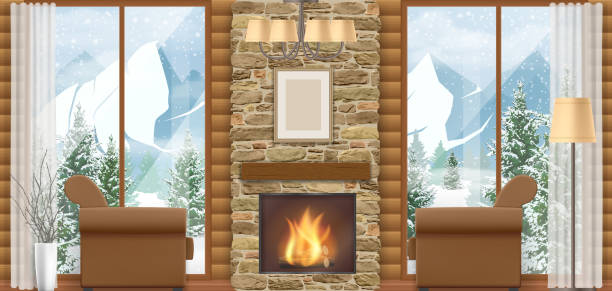 마운틴뷰와 인테리어 샬레 - cabin log log cabin winter stock illustrations