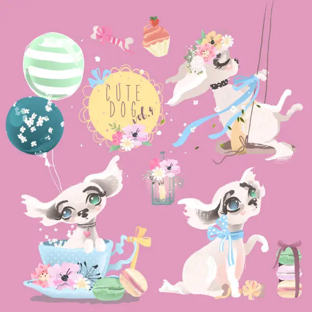 Vector illustration of Cute baby dog, puppy, collection, set. Adorable little girl princess dog with flowers, balloons, tied bow, macaroons, cupcake, tea cup, lantern, swing and bones with bows