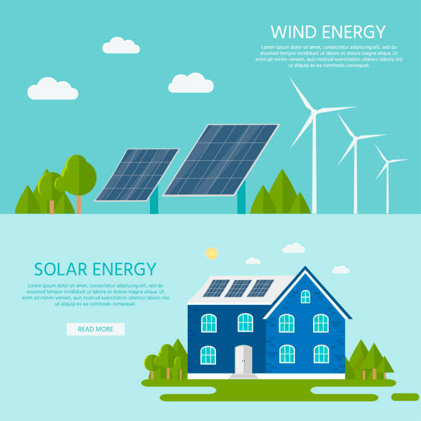 Green modern house with solar panels and wind turbine. Green modern house with solar panels and wind turbine. Eco friendly alternative energy. Ecosystem infographics. Flat vector illustration. kids snow suits stock illustrations