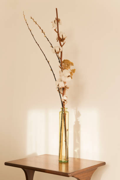 istock Tall Glass Vase with Blooms on Wooden Side Table 914629802