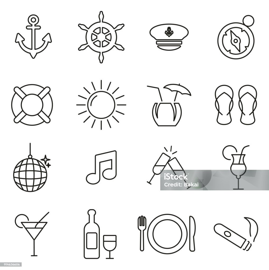 Boat Cruise Icons Thin Line Vector Illustration Set This image is a vector illustration and can be scaled to any size without loss of resolution. Anchor - Vessel Part stock vector