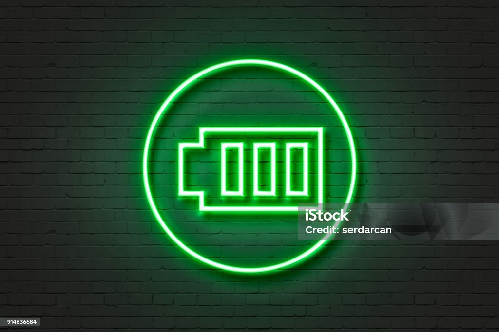 Neon light icon battery Battery Stock Photo