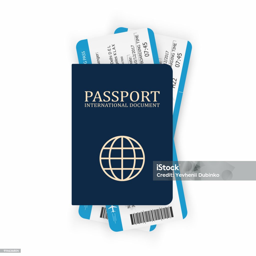 Passaporte com o cartão de embarque. Dois bilhetes de avião para dentro do passaporte. Conceito de viagem aérea. Conceito de turismo - Vetor de Passaporte royalty-free