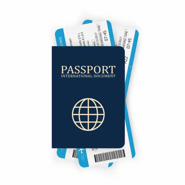 Vector illustration of Passport with boarding pass. Two airplane tickets inside passport. Air travel concept. Tourism concept