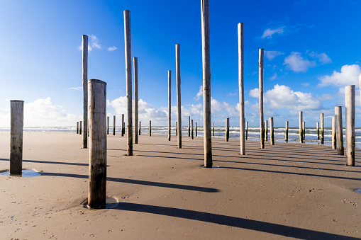 Wooden poles on a beach under a nicely clouded sky. Location is Petten, Netherlands